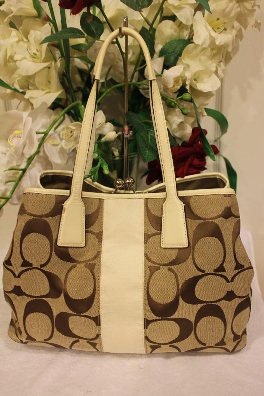 COACH SIGNATURE STRIPE FRAMED PURPLE CARRYALL SATCHEL BAG PURSE #F13533 (p110